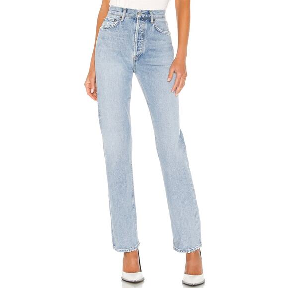 NWT AGOLDE Lana Mid Rise Vintage Straight Jeans Riptide Size 33 Light Blue Denim - Picture 1 of 16
